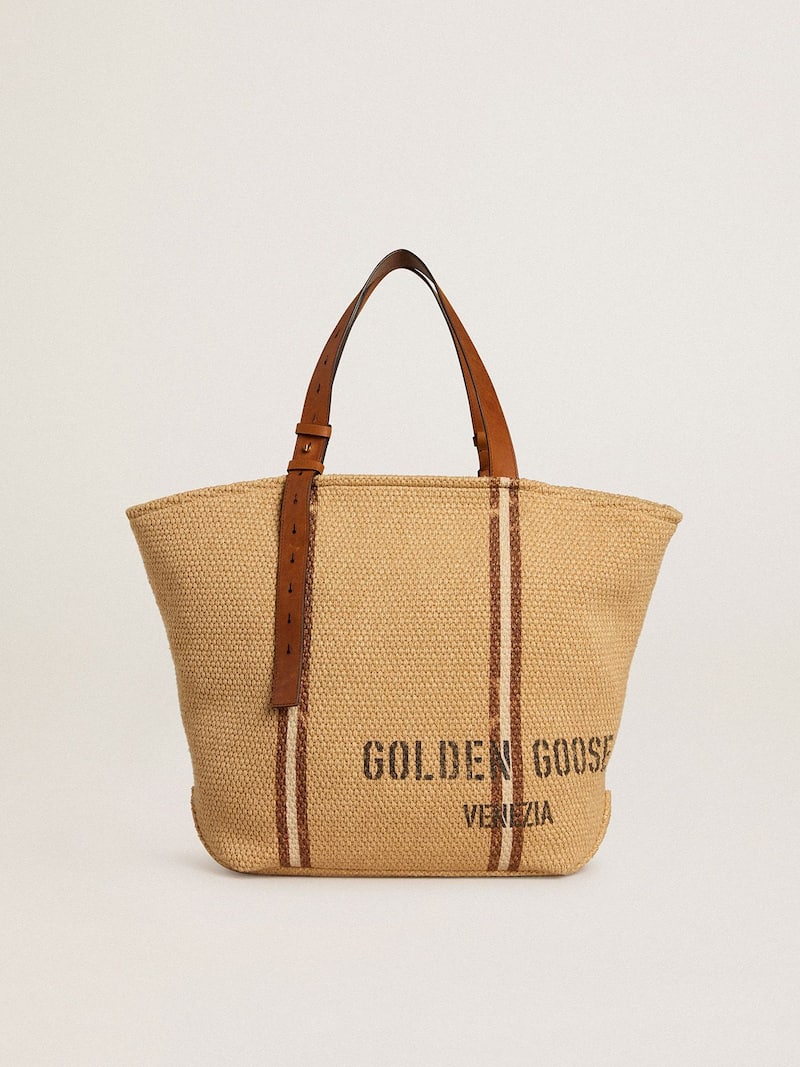 24.7 tote bag in natural raffia and brown leather with gold metallic details