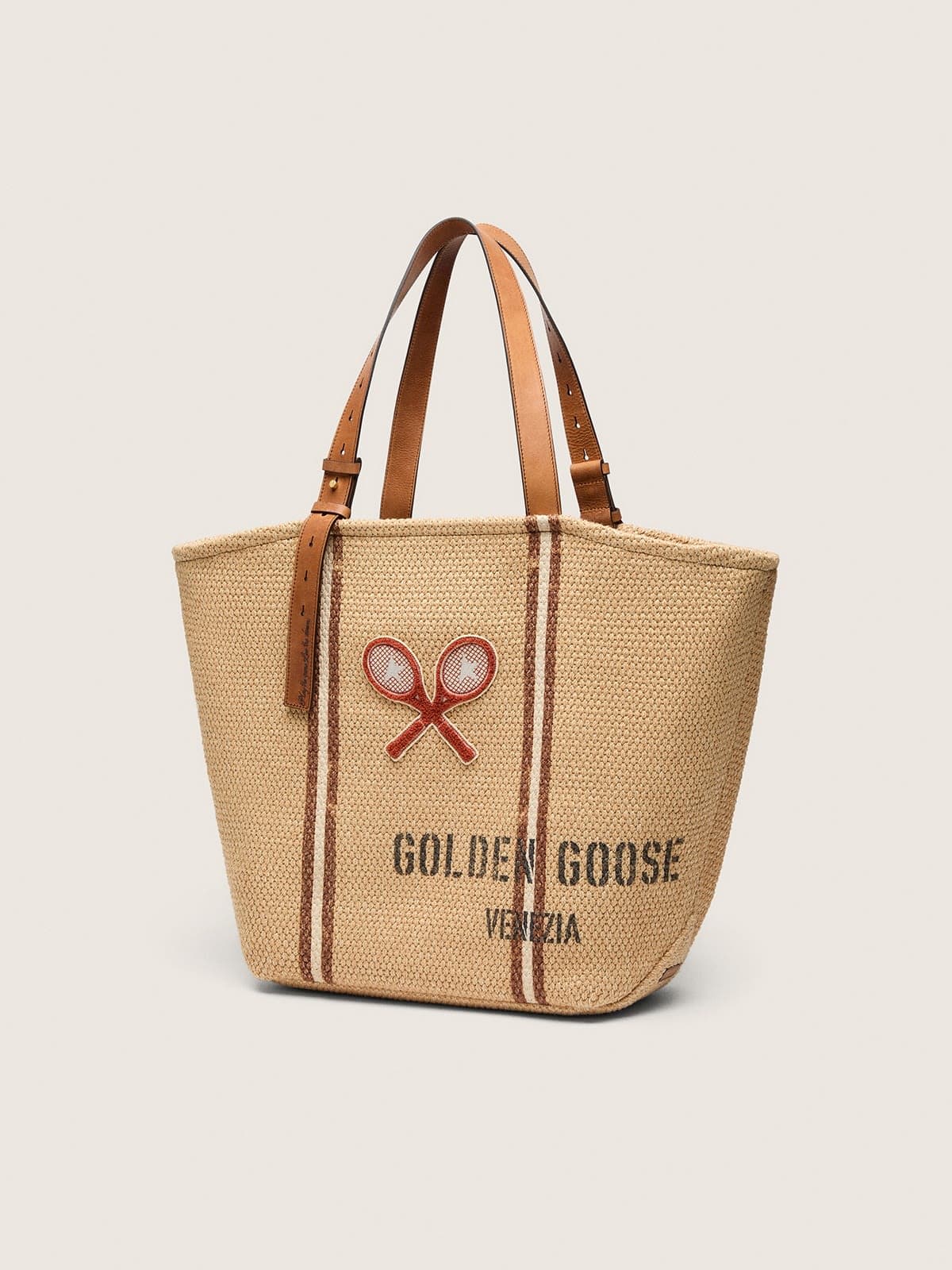 Tote-Bag 24.7 aus nat&uuml;rlichem Bast und braunem Leder mit goldfarbenen Metalldetails