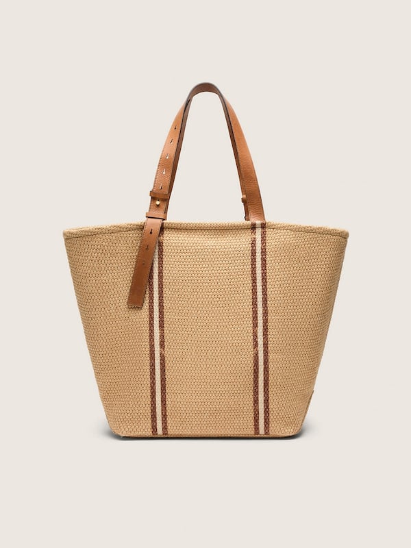 24.7 tote in natural raffia and brown leather with gold metal details