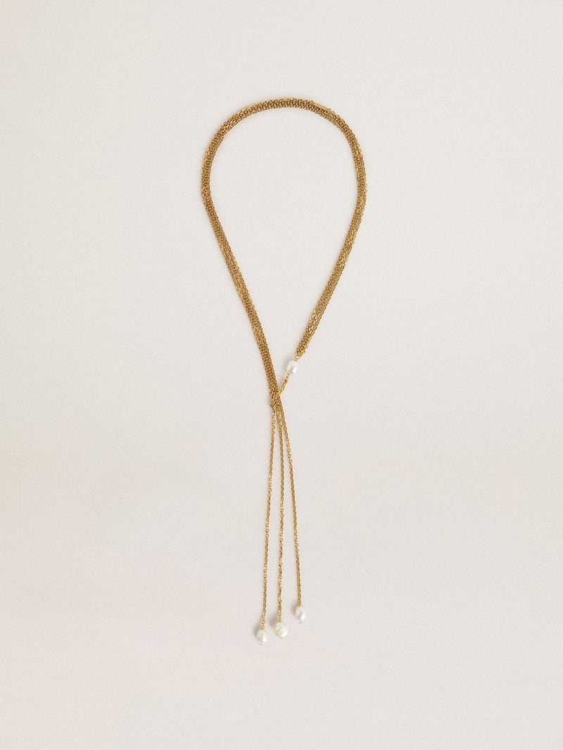 Collier en chaînes tressées or ancien avec perles