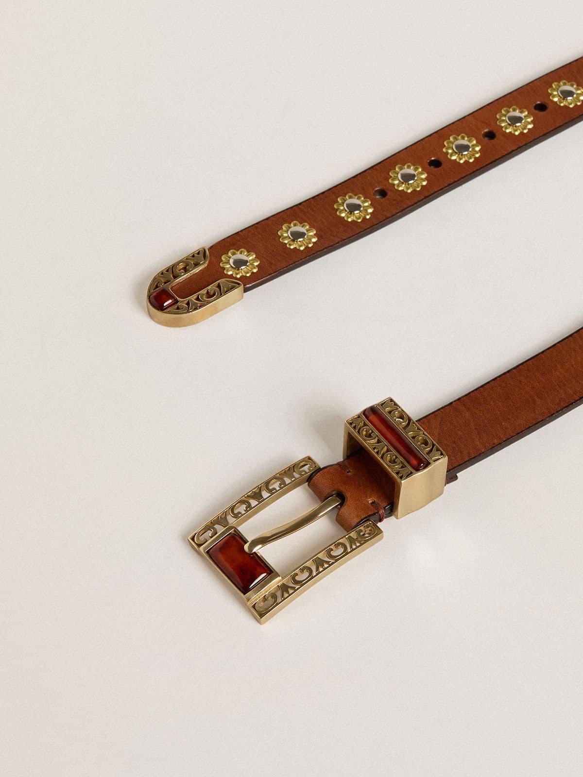 Golden Goose - Brown leather belt with golden floral studs and amber inserts in 