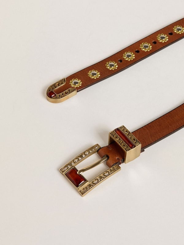 Golden Goose - Brown leather belt with golden floral studs and amber inserts in 