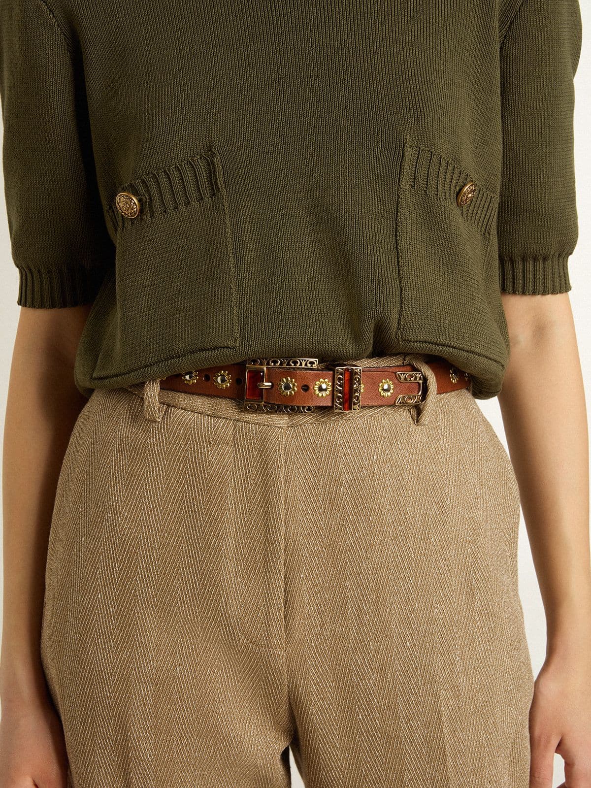Golden Goose - Brown leather belt with golden floral studs and amber inserts in 