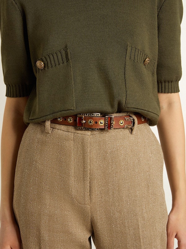 Golden Goose - Brown leather belt with golden floral studs and amber inserts in 