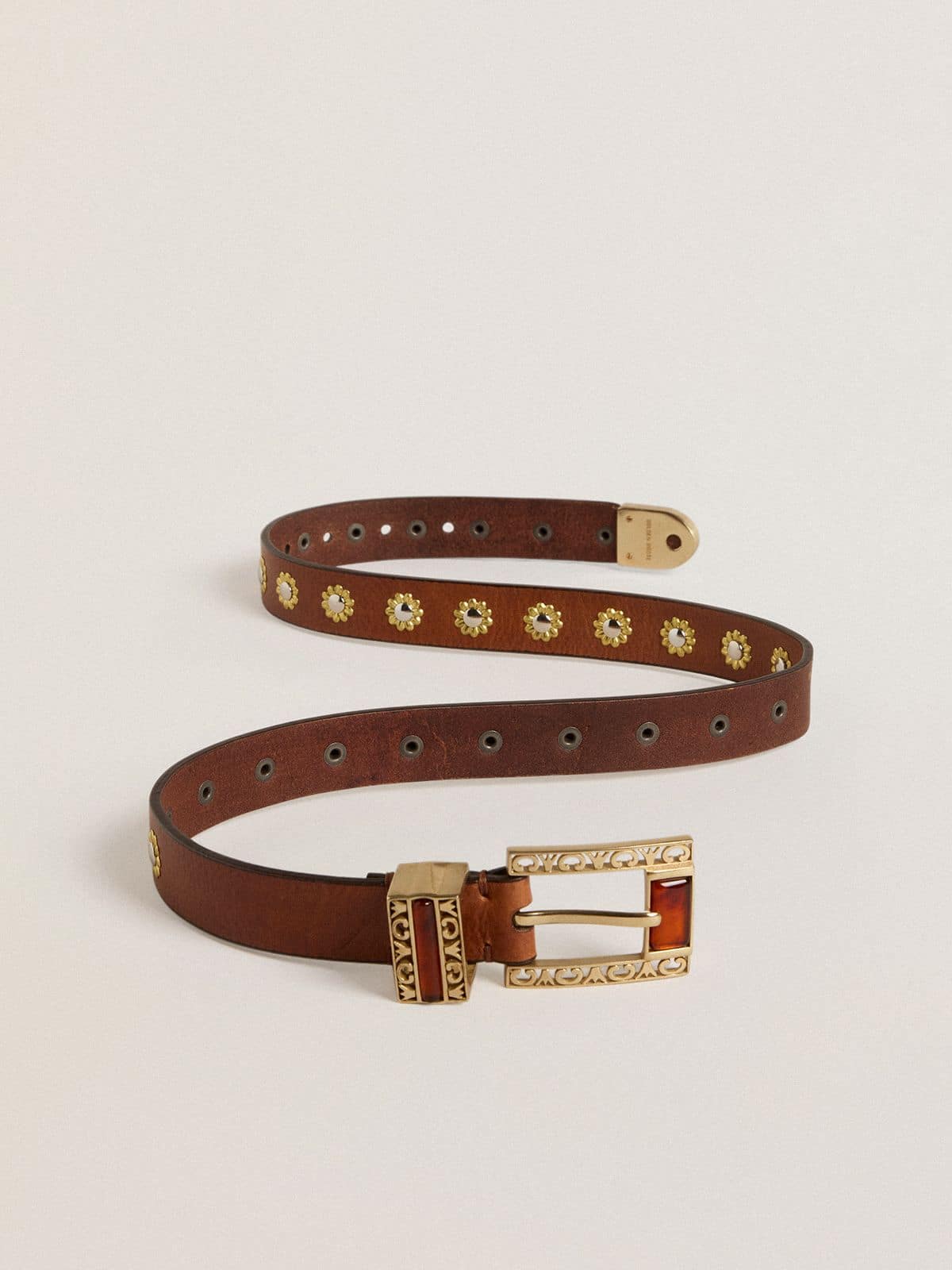 Golden Goose - Brown leather belt with golden floral studs and amber inserts in 