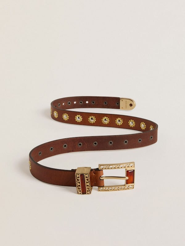 Golden Goose - Brown leather belt with golden floral studs and amber inserts in 