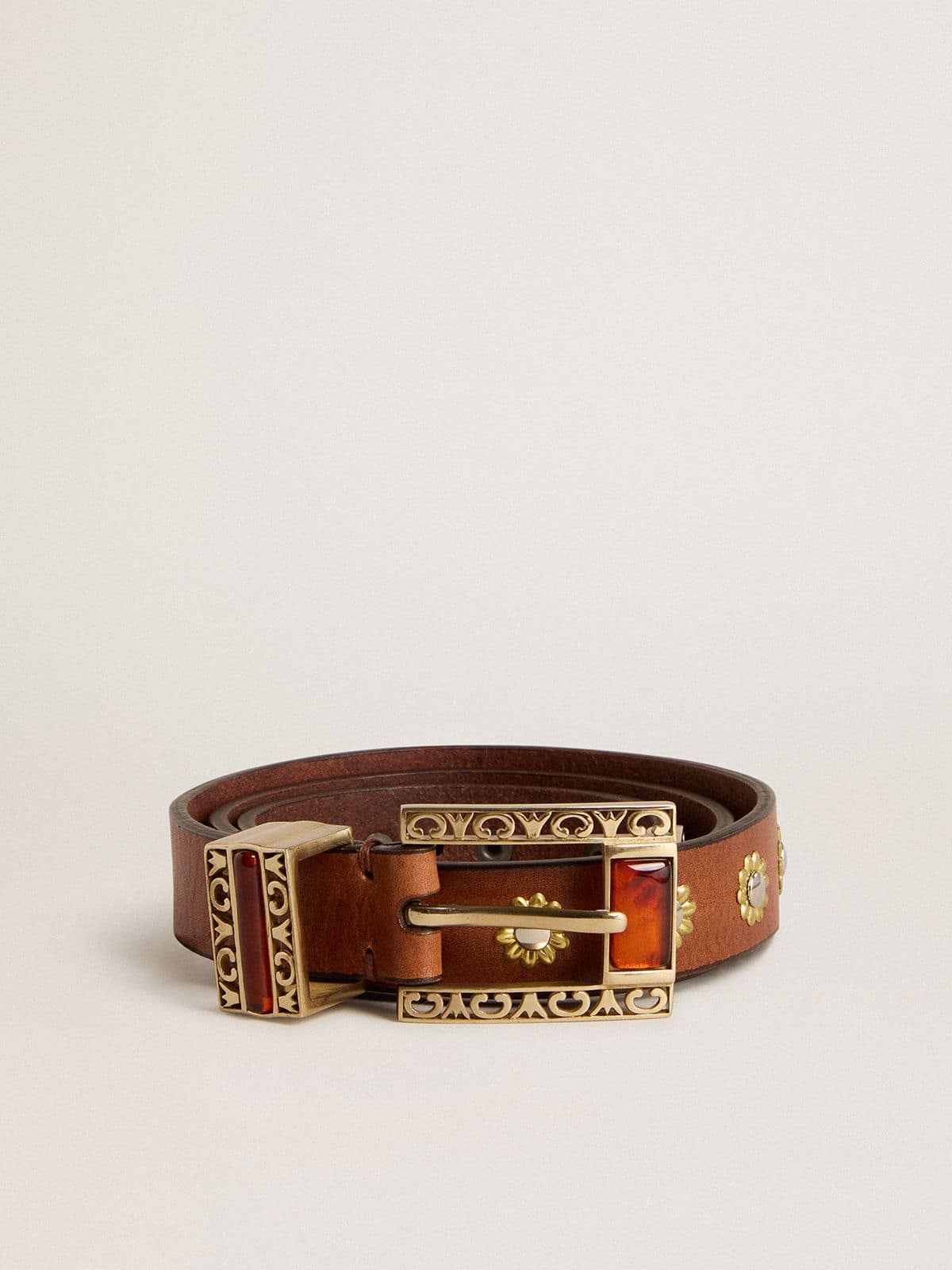 Golden Goose - Brown leather belt with golden floral studs and amber inserts in 