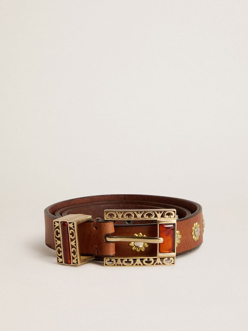 Brown leather belt with golden floral studs and amber inserts