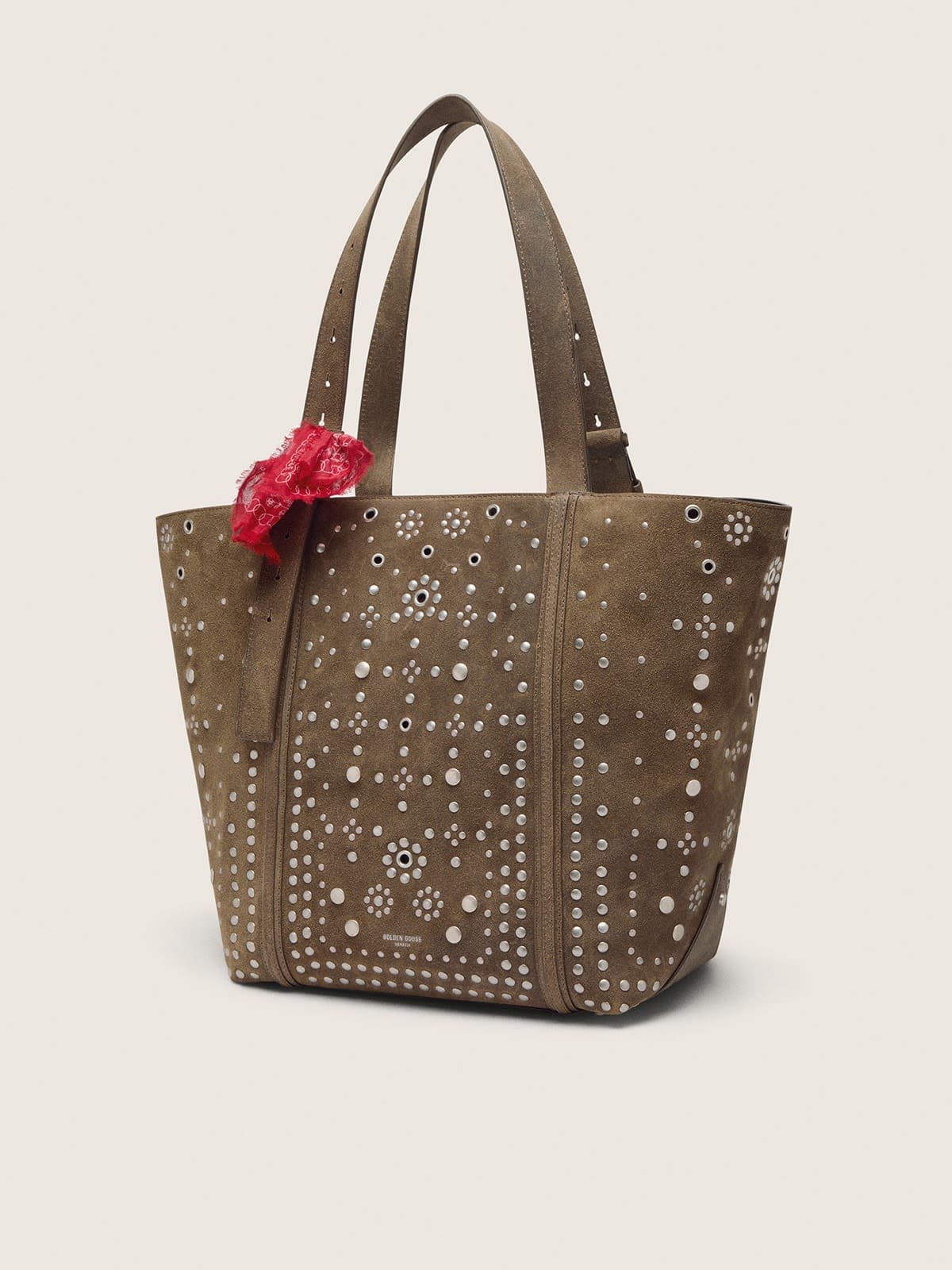 24/7 Bag EW Regular in pelle scamosciata verde militare con borchie e occhielli argento