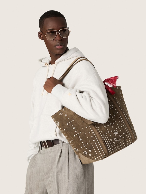Golden Goose - 24/7 Bag EW Regular in military-green suede with silver studs and eyelets in 