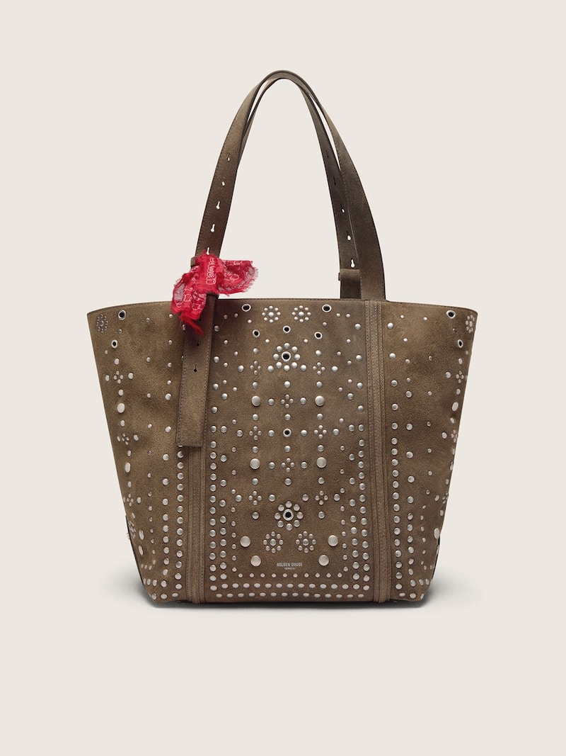 24/7 Bag EW Regular in pelle scamosciata verde militare con borchie e occhielli argento