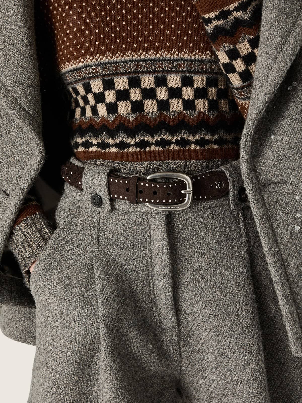 Golden Goose - Houston belt in woven mahogany suede with silver micro-studs in 