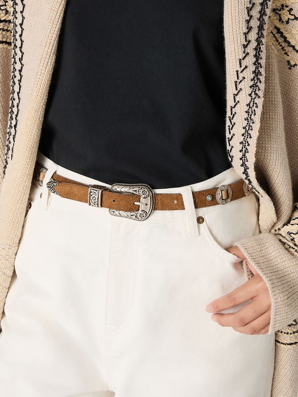 Thin Lace belt in hazelnut-colored nabuk with decorative inlays