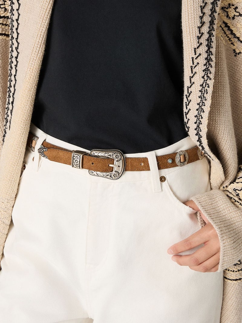 Golden Goose - Cintura Lace sottile in nabuk color nocciola con intarsi decorativi in 
