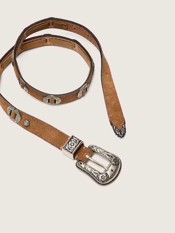 Thin Lace belt in hazelnut-colored nabuk with decorative inlays