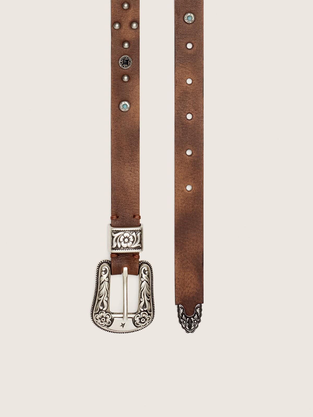 Golden Goose - Lace belt in tan washed leather with studs and metal inlays in 