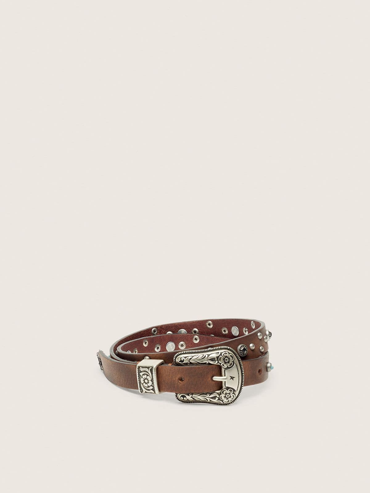 Golden Goose - Lace belt in tan washed leather with studs and metal inlays in 
