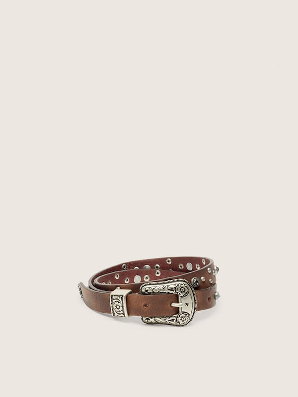 Golden Goose - Lace belt in tan washed leather with studs and metal inlays in 