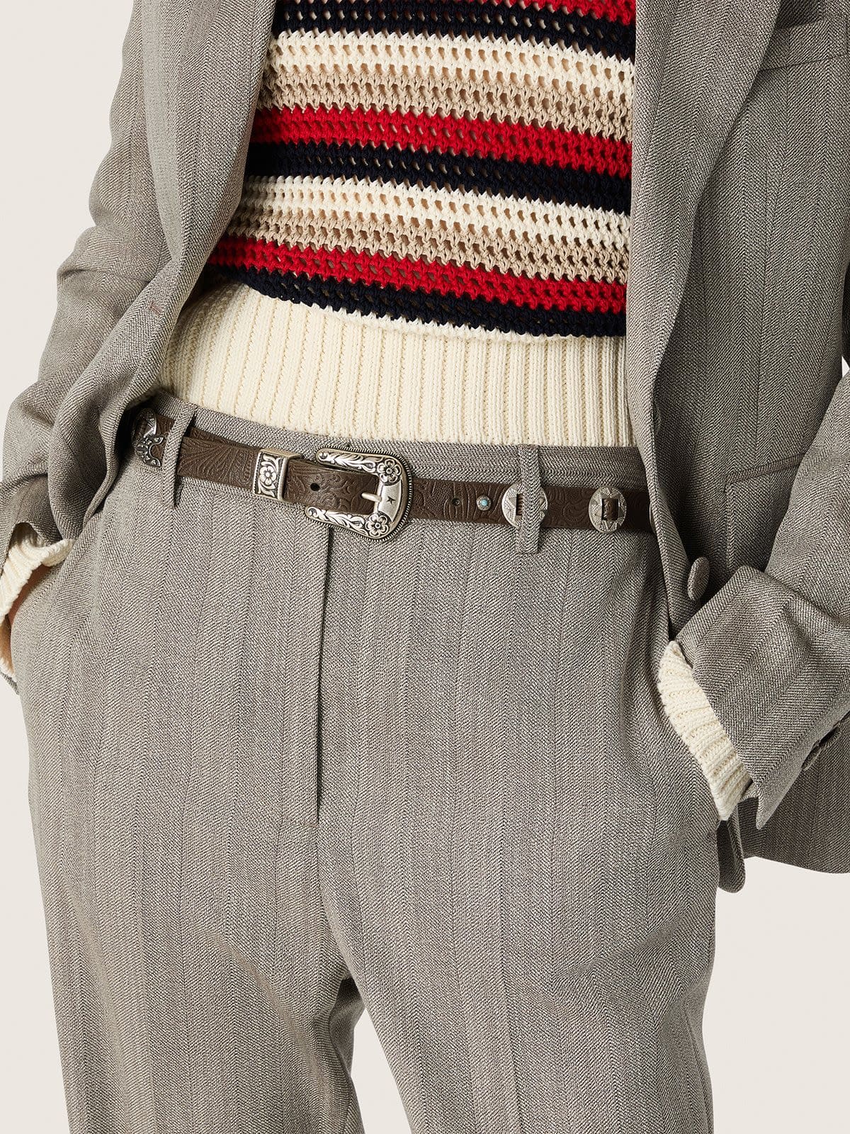 Golden Goose - Lace belt in washed brown leather with raised floral pattern and metal inlays in 