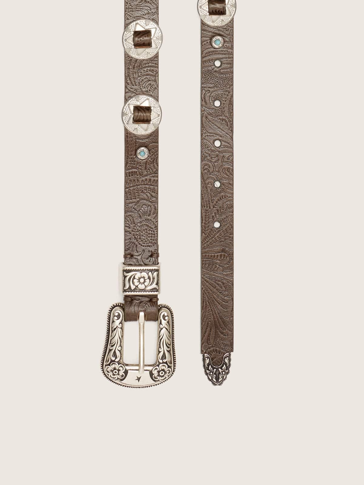 Golden Goose - Lace belt in washed brown leather with raised floral pattern and metal inlays in 