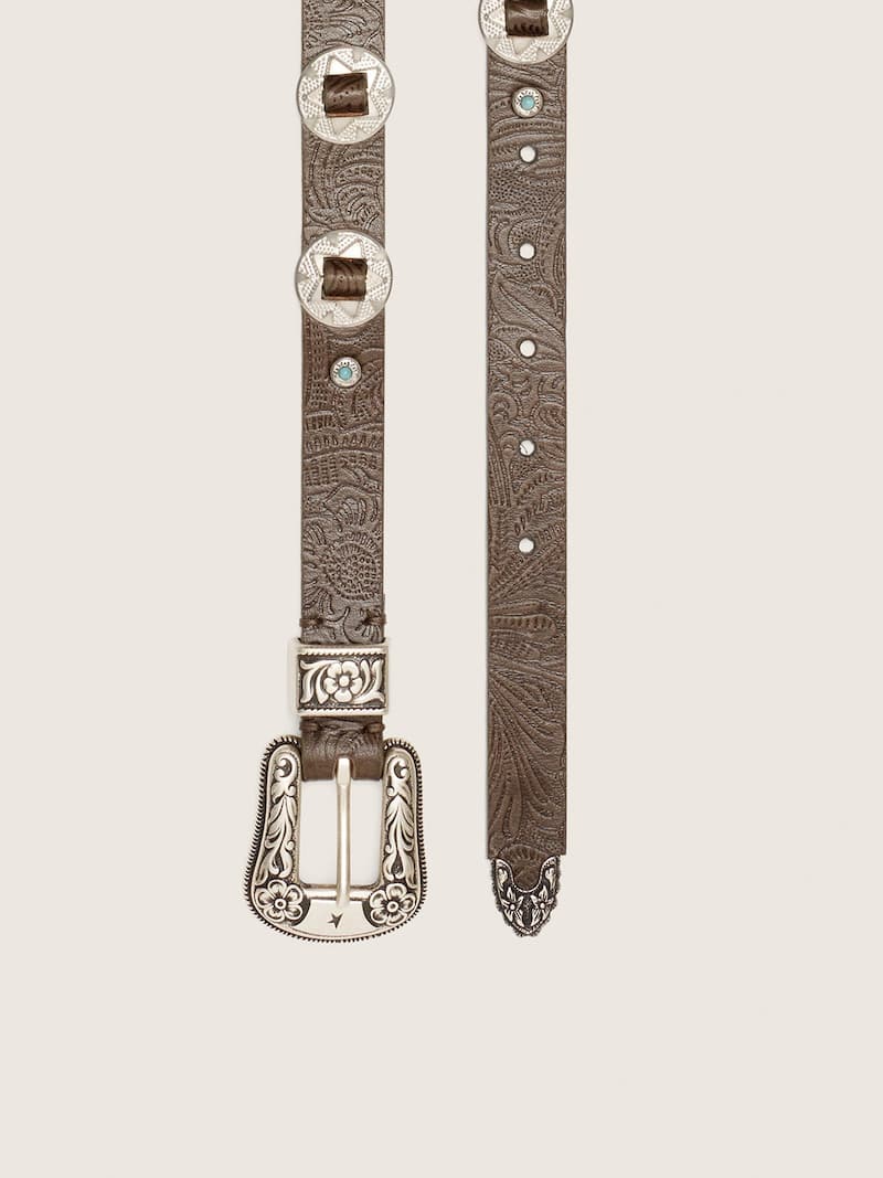 Golden Goose - Lace belt in washed brown leather with raised floral pattern and metal inlays in 
