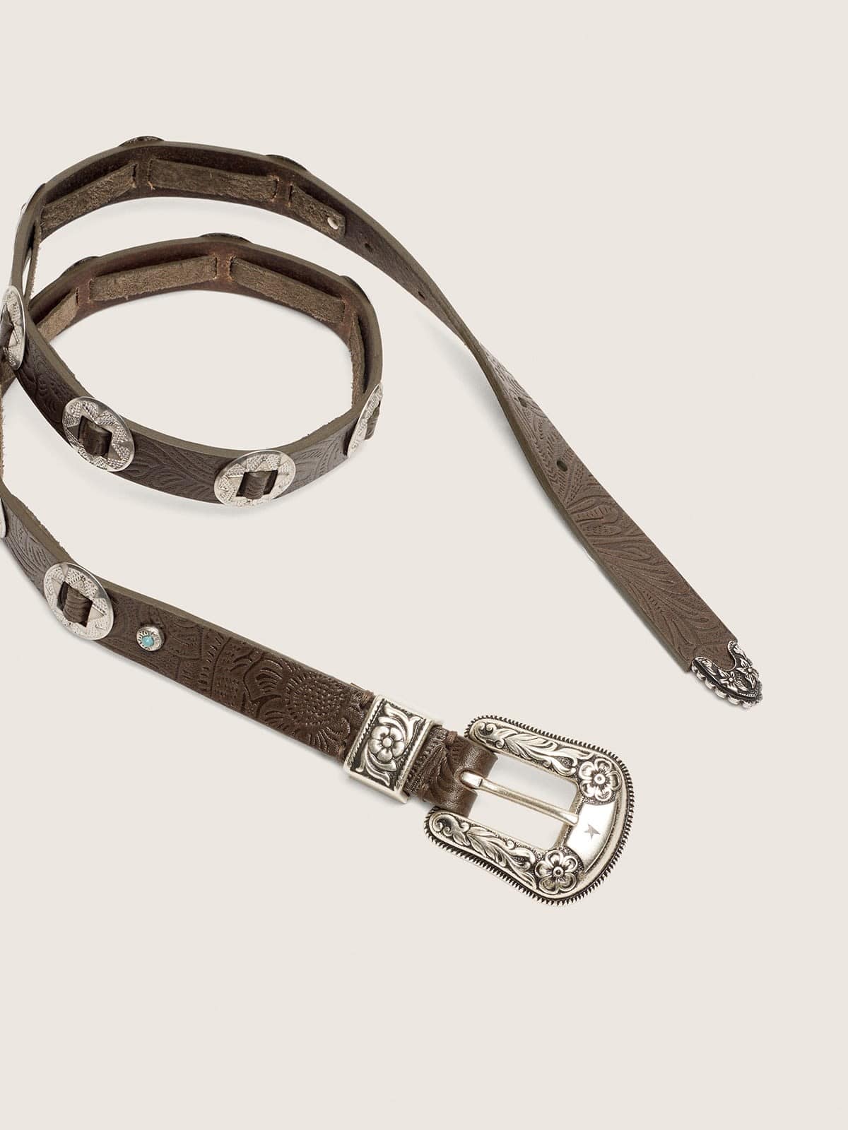 Golden Goose - Lace belt in washed brown leather with raised floral pattern and metal inlays in 