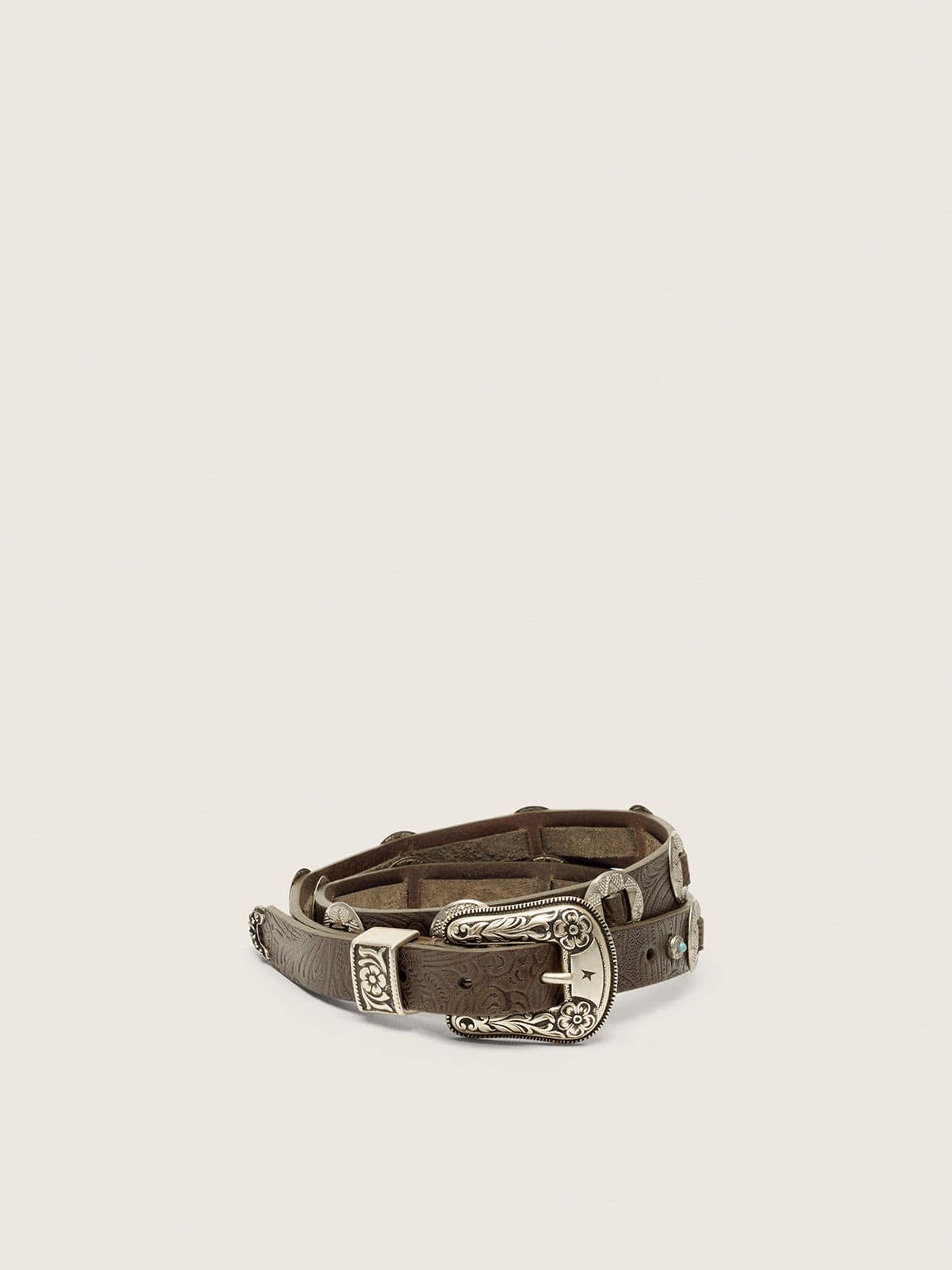 Golden Goose - Lace belt in washed brown leather with raised floral pattern and metal inlays in 