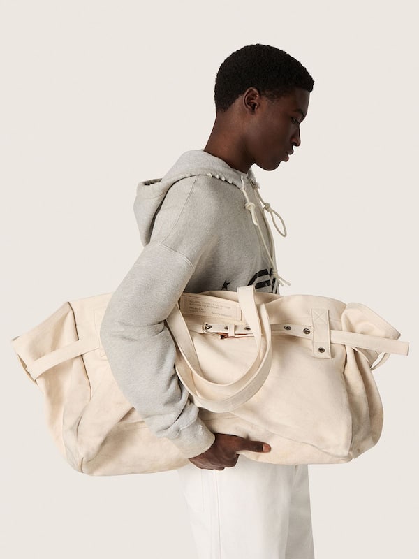 Ecru canvas tote bag with embroidery and antique silver details