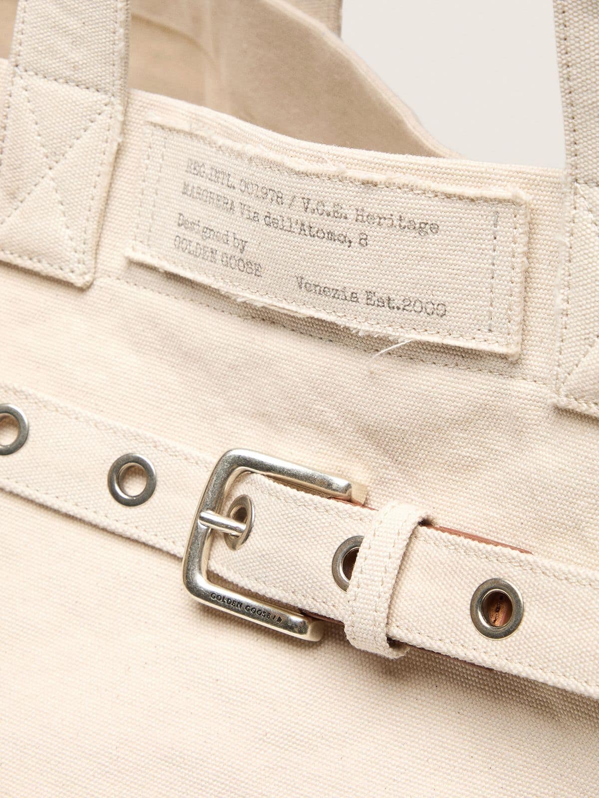 Golden Goose - Ecru canvas tote bag with embroidery and antique silver details in 