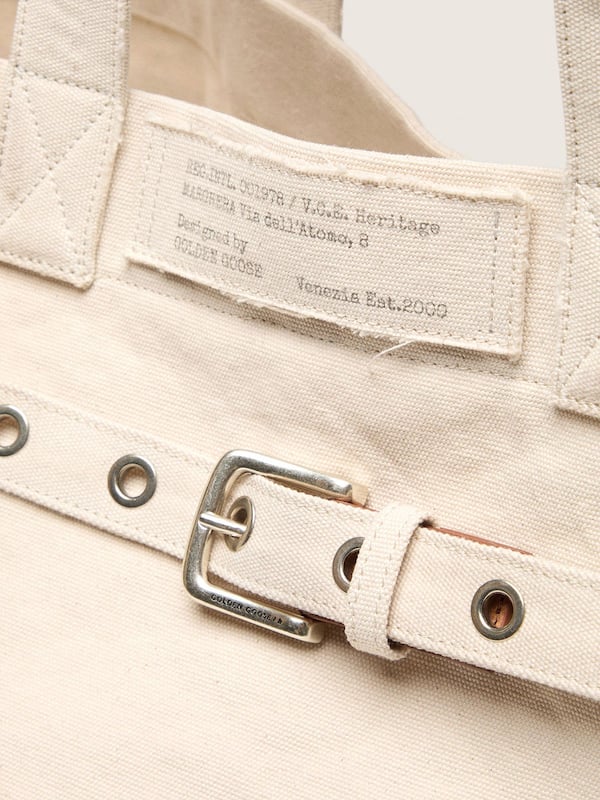 Golden Goose - Ecru canvas tote bag with embroidery and antique silver details in 