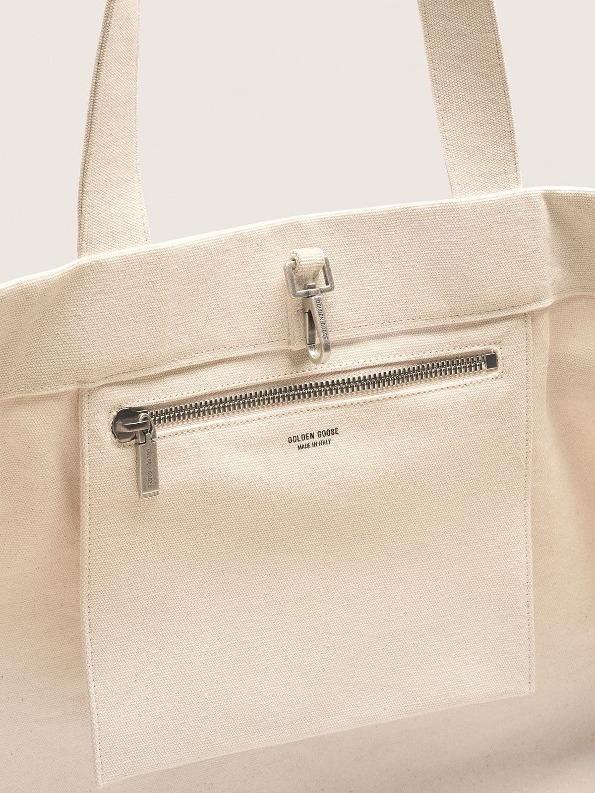 Golden Goose - Ecru canvas tote bag with embroidery and antique silver details in 