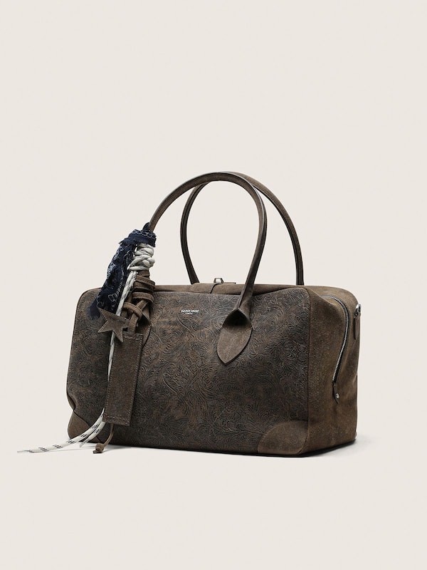 Vita Bag Medium aus armeegr&uuml;nem Rauleder mit erhabenem floralem Motiv und silberfarbenen Details