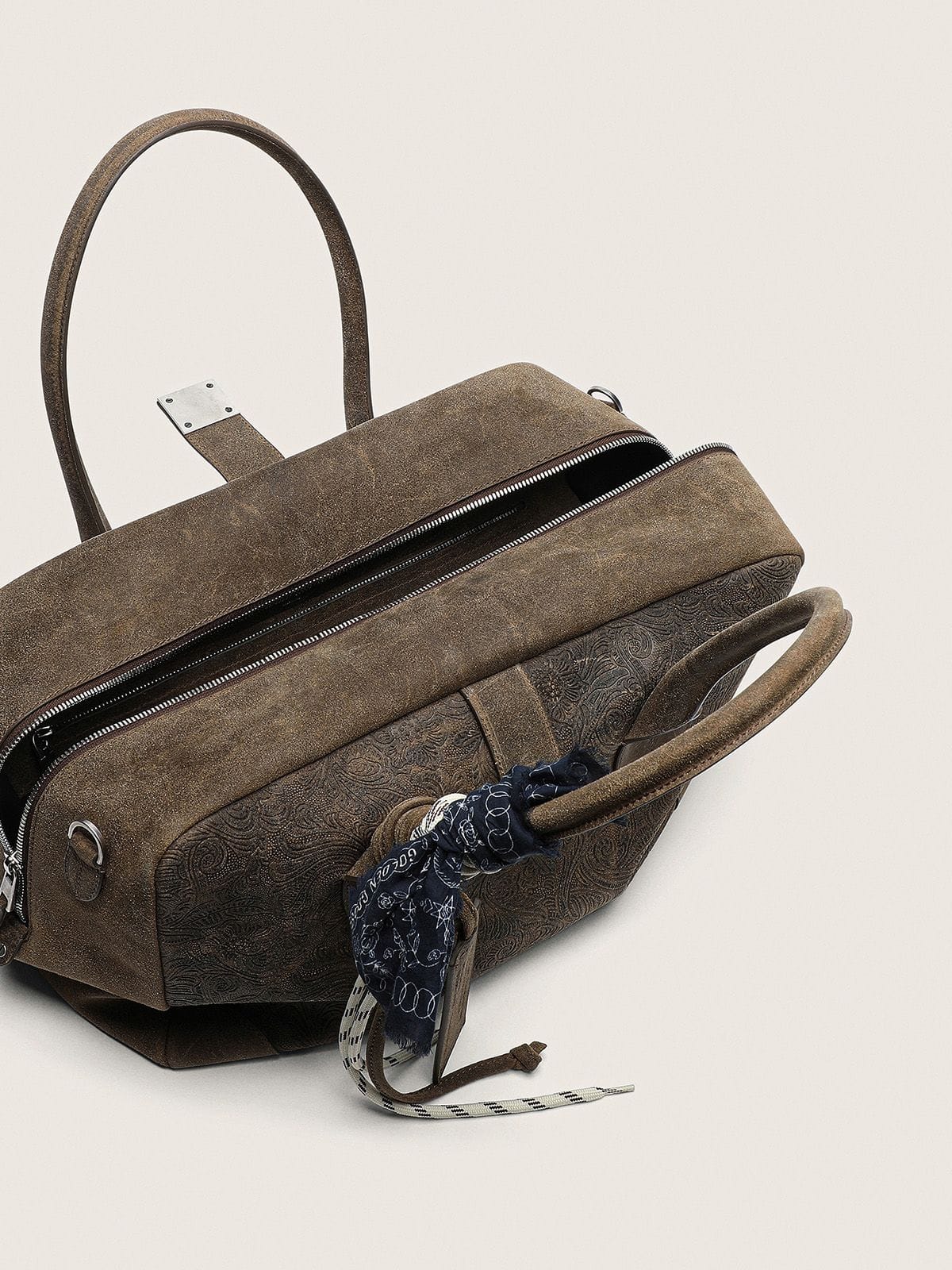 Golden Goose - Medium Vita Bag in military-green suede with raised floral motif and silver details in 