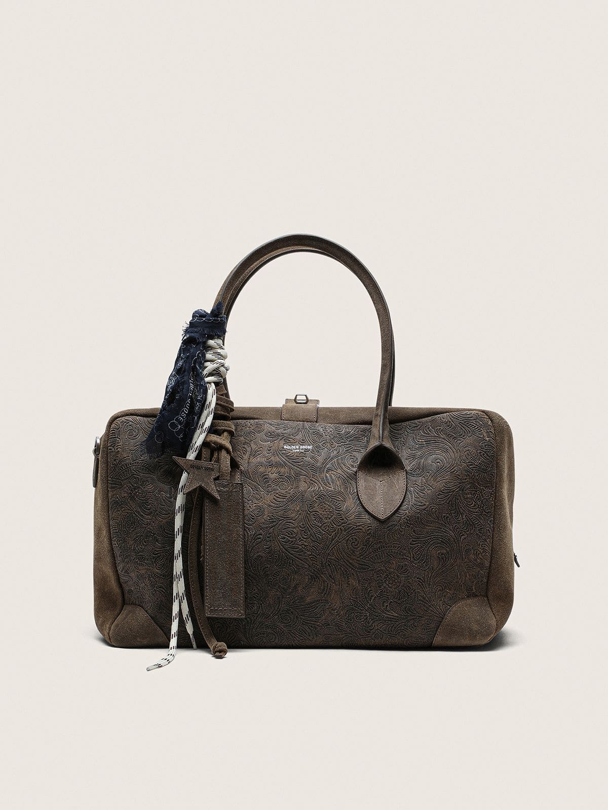 Golden Goose - Medium Vita Bag in military-green suede with raised floral motif and silver details in 