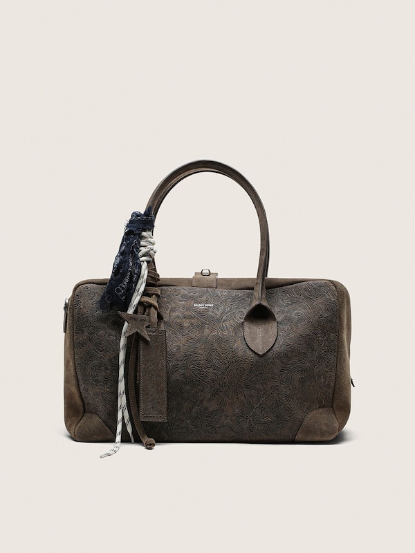 Golden Goose - Medium Vita Bag in military-green suede with raised floral motif and silver details in 