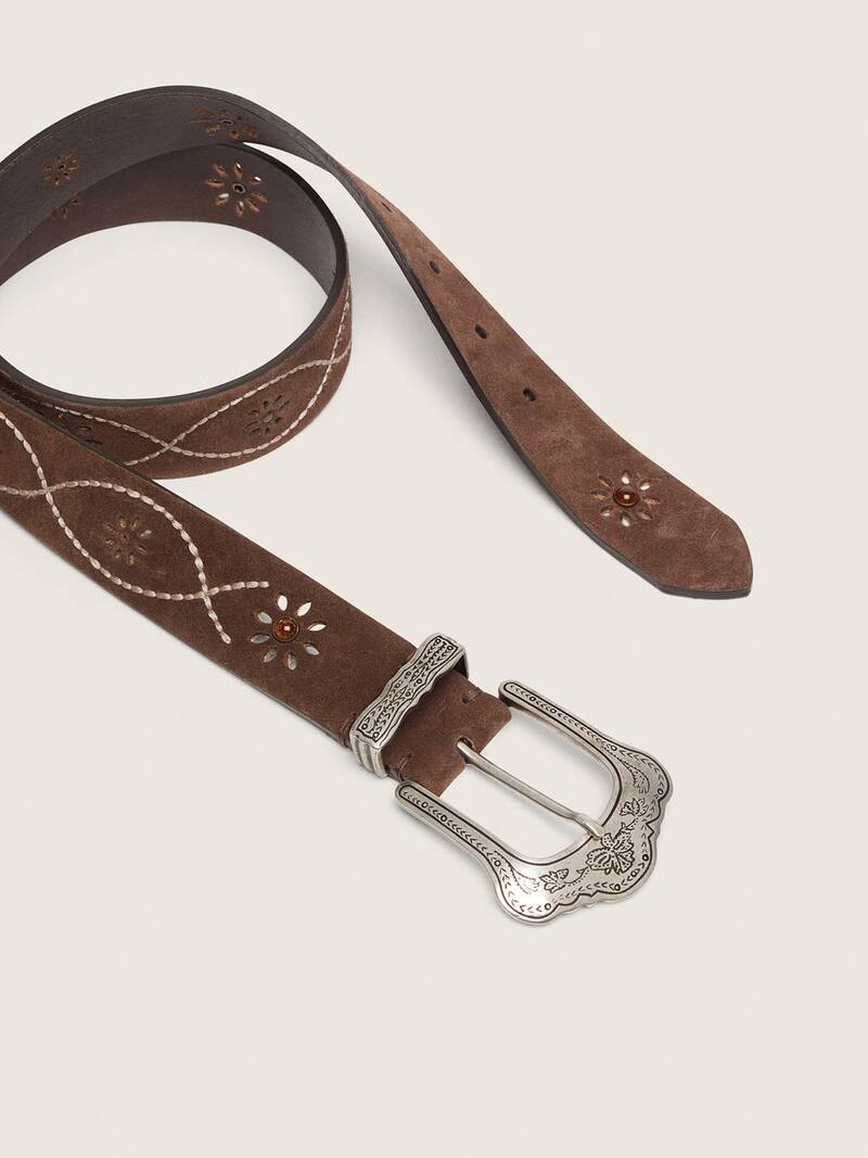 Golden Goose - Ceinture femme en cuir velours marron fonc&eacute; avec broderies florales et cabochons m&eacute;talliques in 