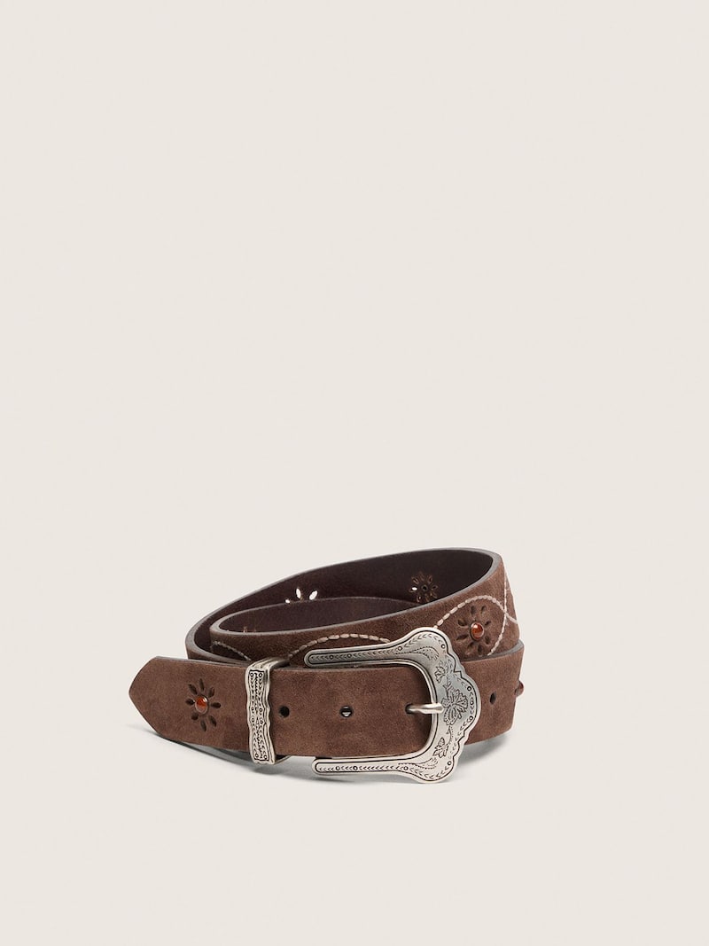 Golden Goose - Ceinture femme en cuir velours marron fonc&eacute; avec broderies florales et cabochons m&eacute;talliques in 