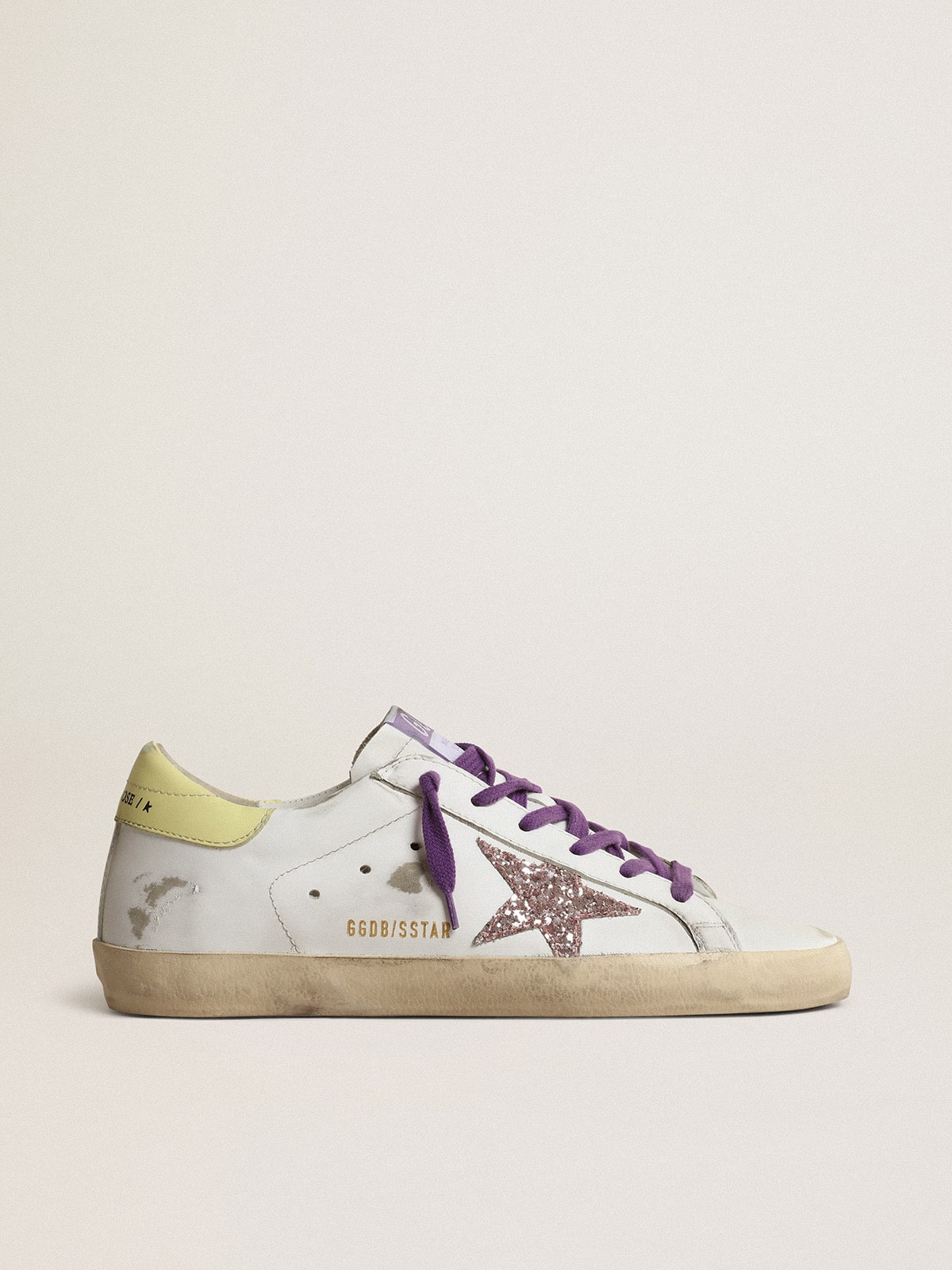 Golden Goose - White Super-Star sneakers with a glitter star and yellow heel tab in 