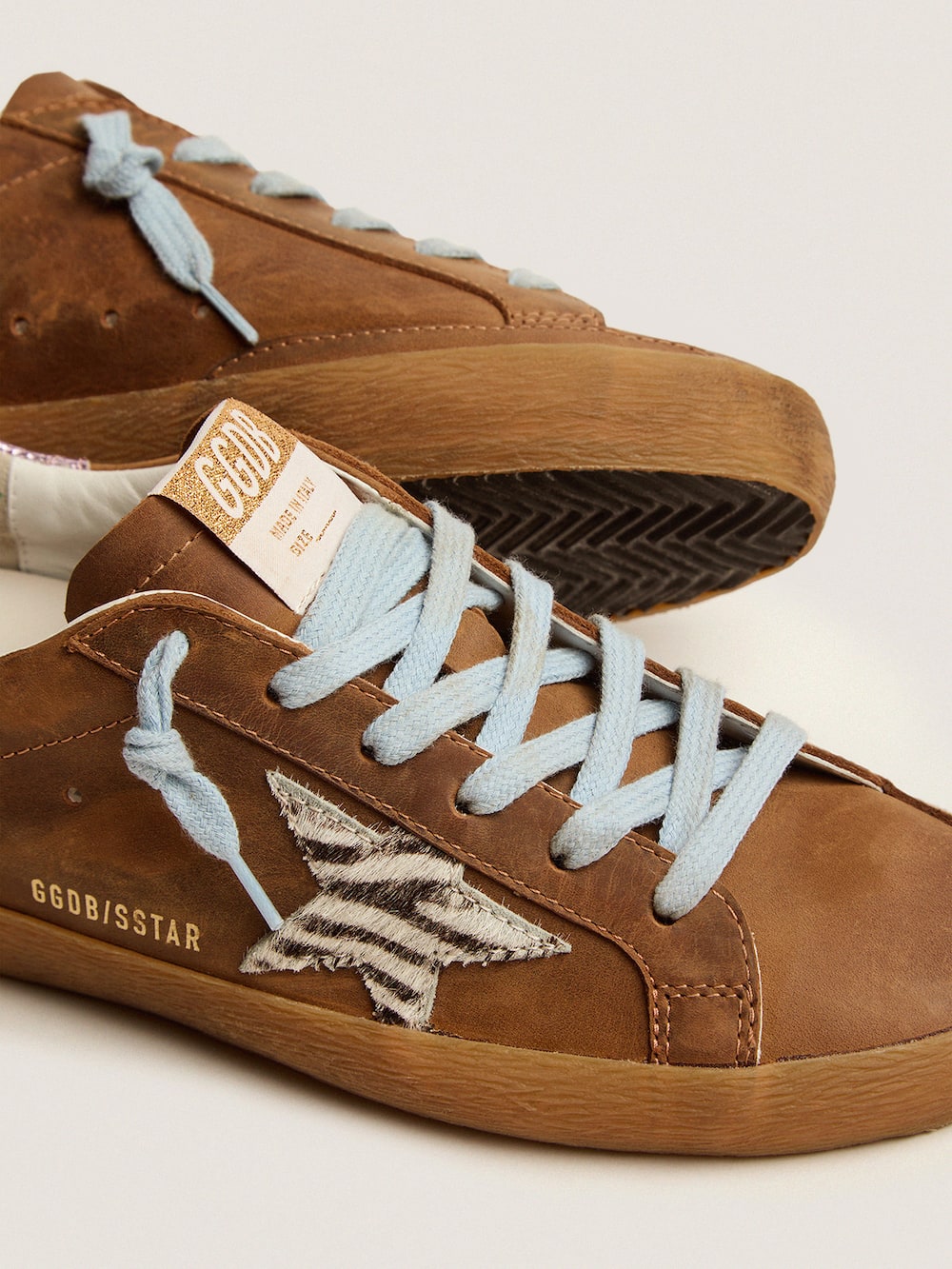 Golden Goose - Super-Star sneakers in brown waxed suede with a zebra-print pony skin star in 