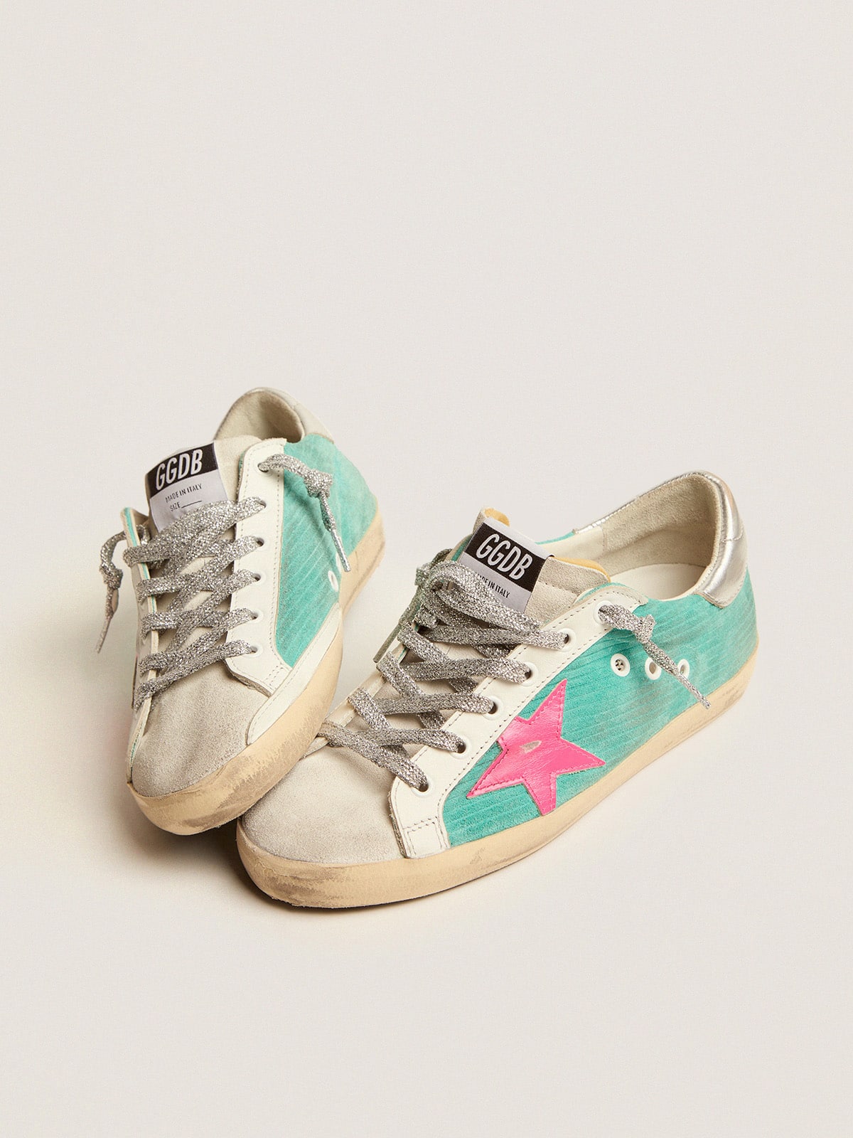 Golden Goose - Super-Star sneakers in turquoise suede with corduroy print and fluorescent pink leather star in 