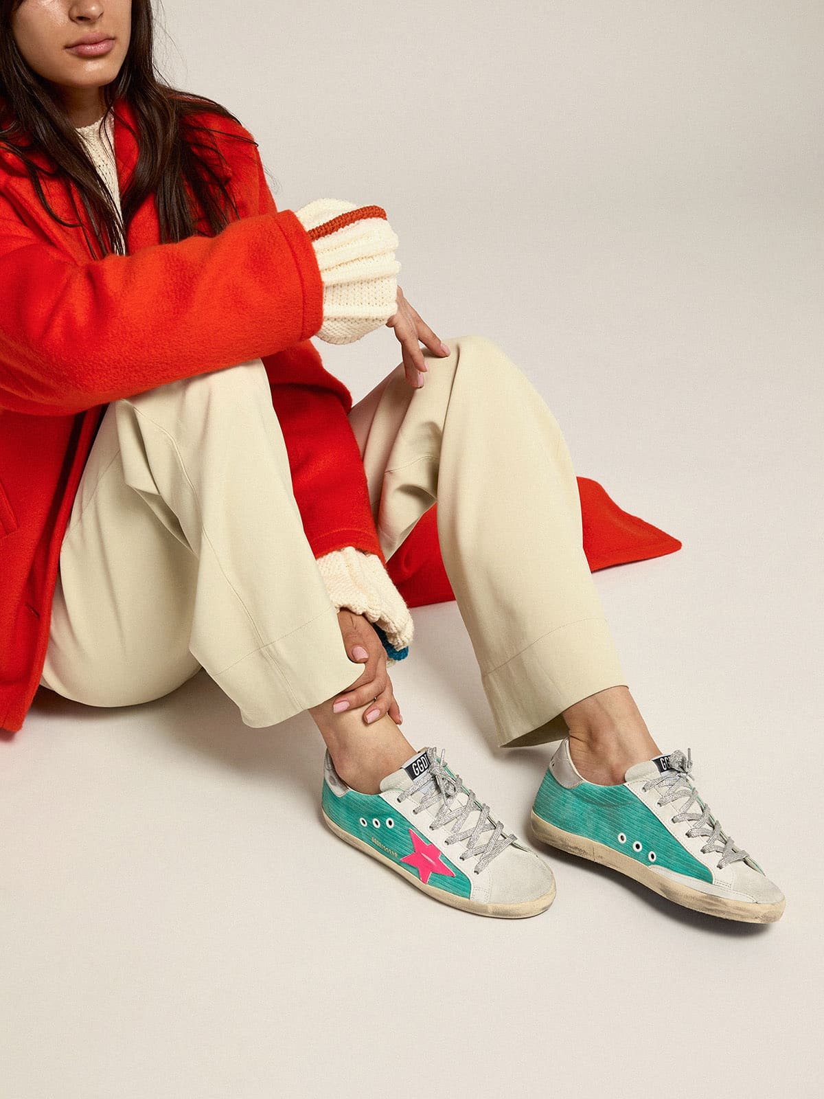 Golden Goose - Super-Star sneakers in turquoise suede with corduroy print and fluorescent pink leather star in 