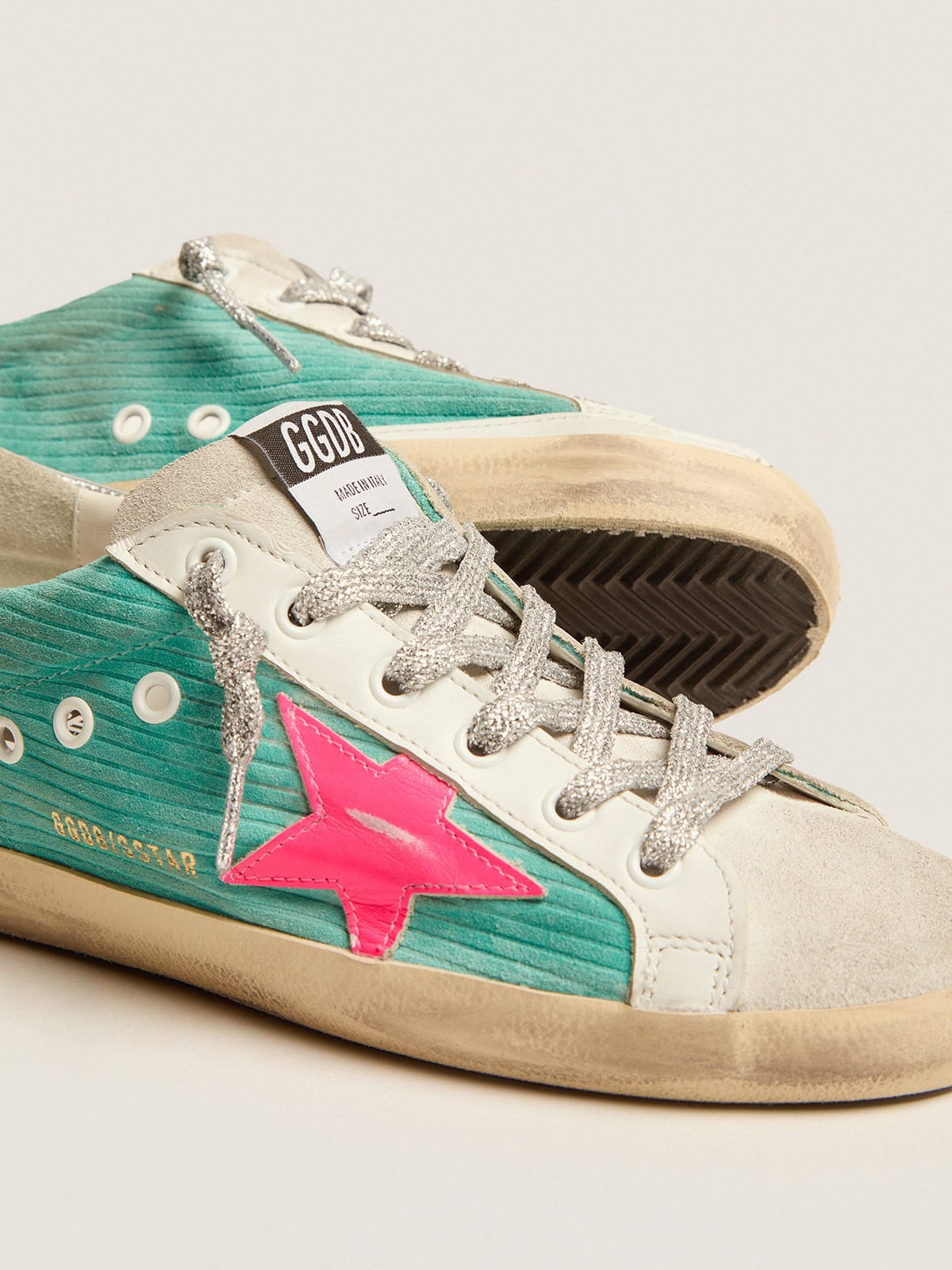 Golden Goose - Super-Star sneakers in turquoise suede with corduroy print and fluorescent pink leather star in 