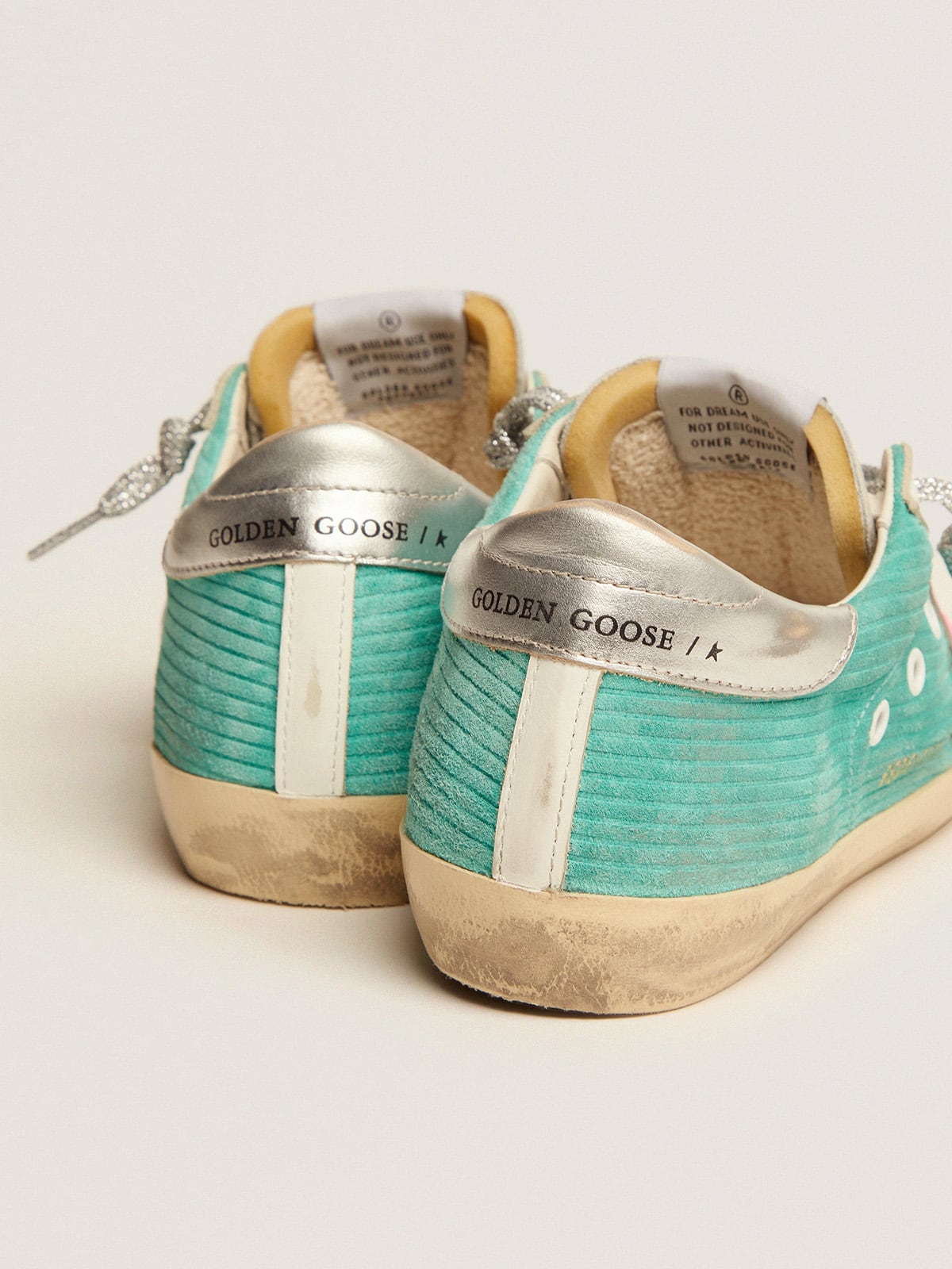 Golden Goose - Super-Star sneakers in turquoise suede with corduroy print and fluorescent pink leather star in 