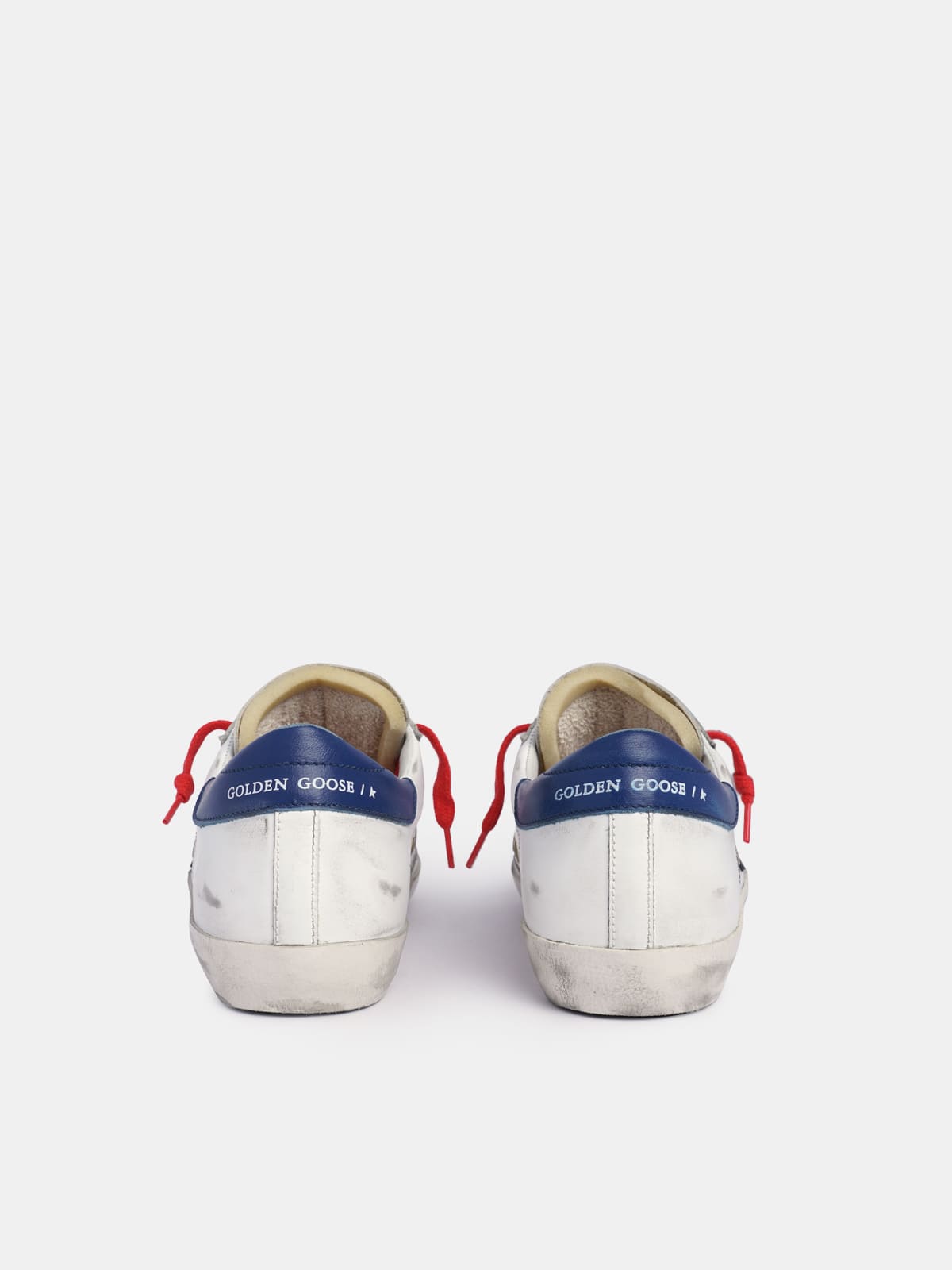 Golden Goose - Super-Star sneakers in white leather with black star and blue heel tab in 