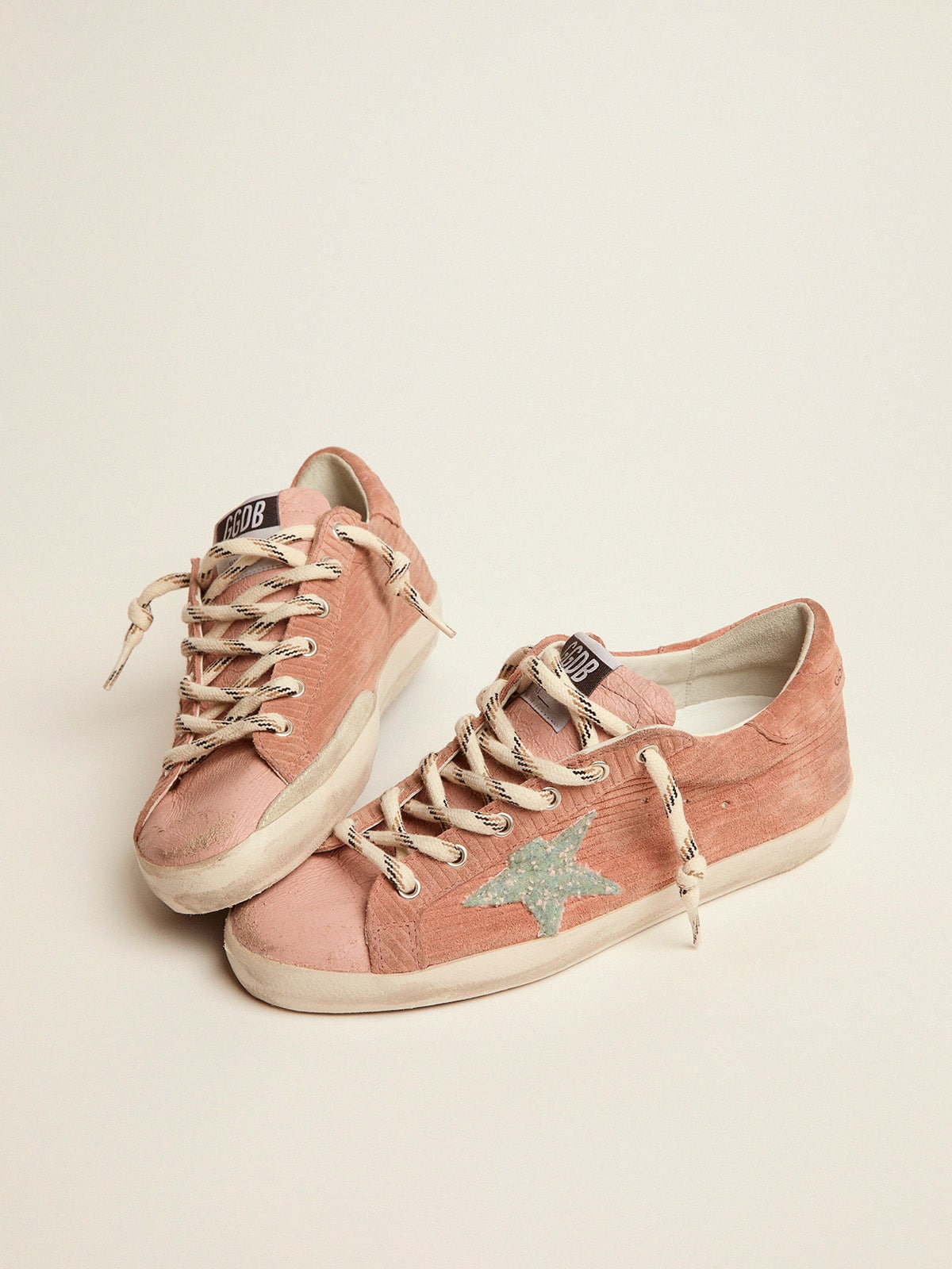 Golden Goose - Super-Star sneakers in peach-pink suede with corduroy print and bouclé star in 