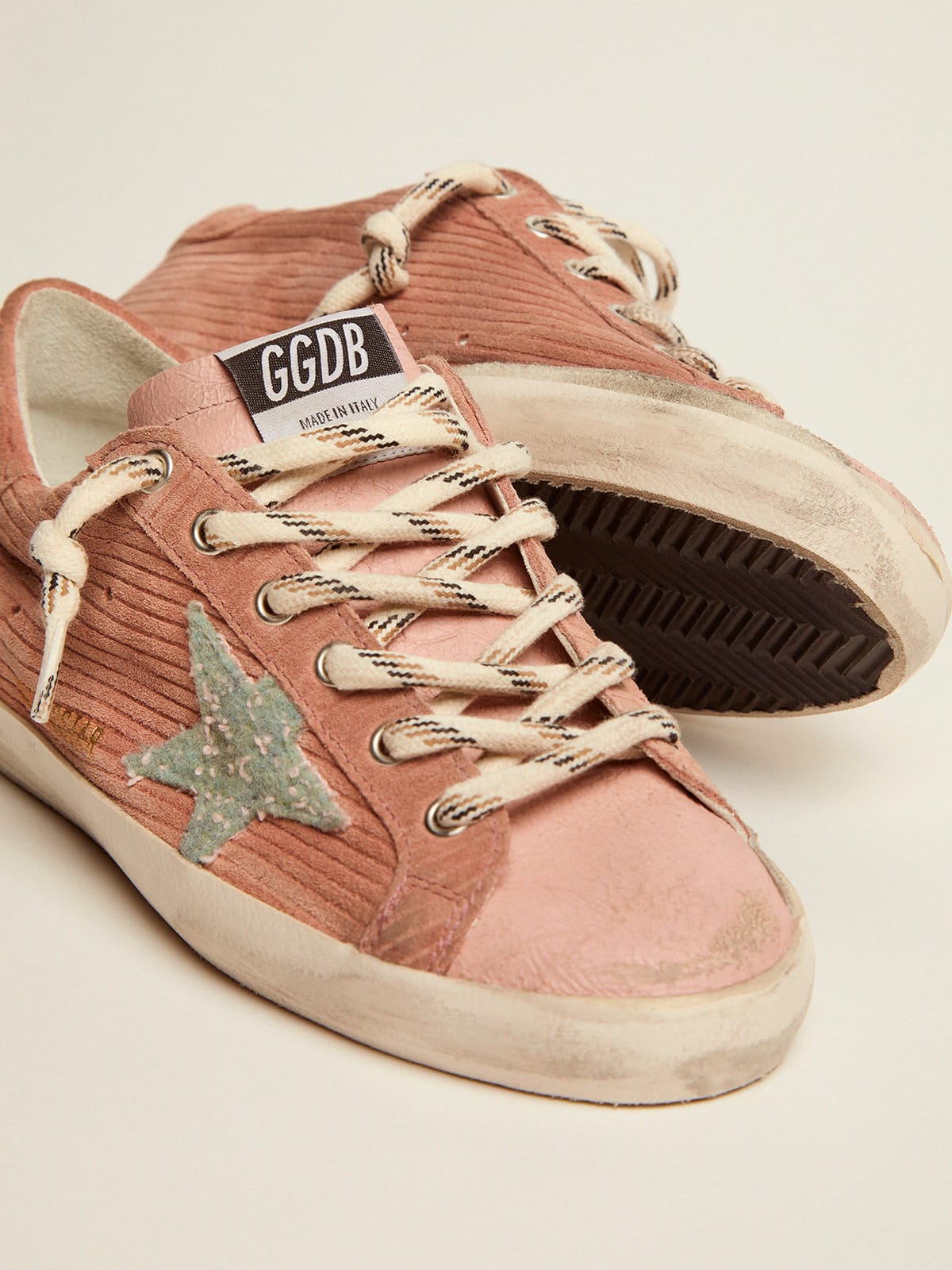 Golden Goose - Super-Star sneakers in peach-pink suede with corduroy print and bouclé star in 