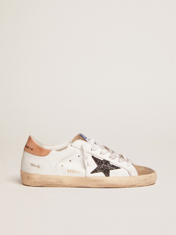 Golden Goose - Women's Super-Star with black glitter star and pink heel tab in 