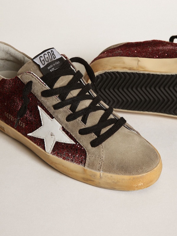 Golden Goose - Women's Super-Star in burgundy glitter with white leather star and dove-gray suede tongue in 