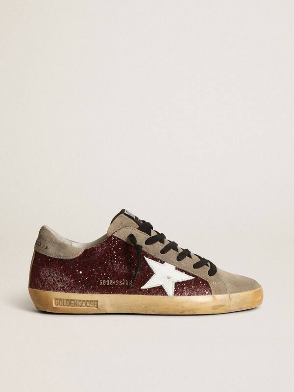 Golden Goose - Women's Super-Star in burgundy glitter with white leather star and dove-gray suede tongue in 
