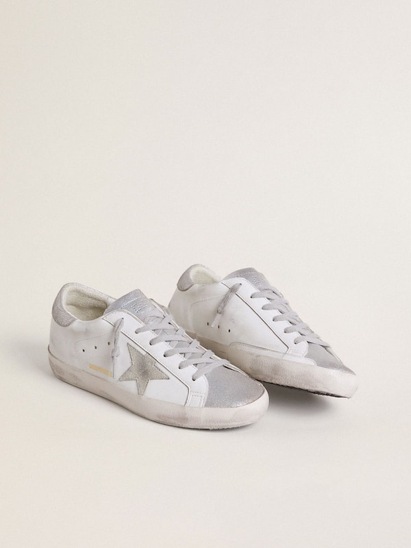 Golden Goose - Women’s Super-Star with gray suede star and silver glitter inserts in 
